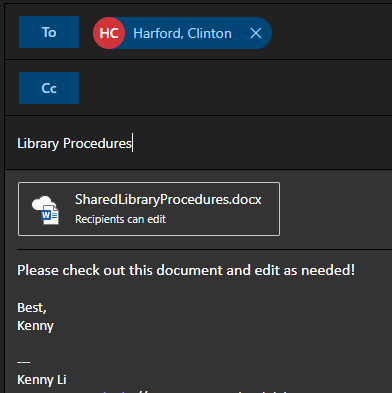Screenshot of a sample outlook email draft 