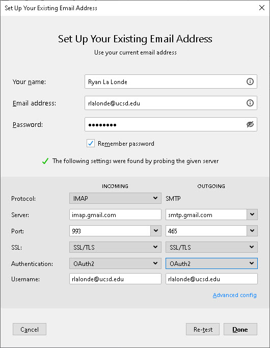 screenshot: configurations for gmail on thunderbird