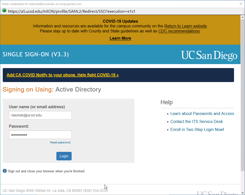 Screenshot of UCSD Active Directory login screen.