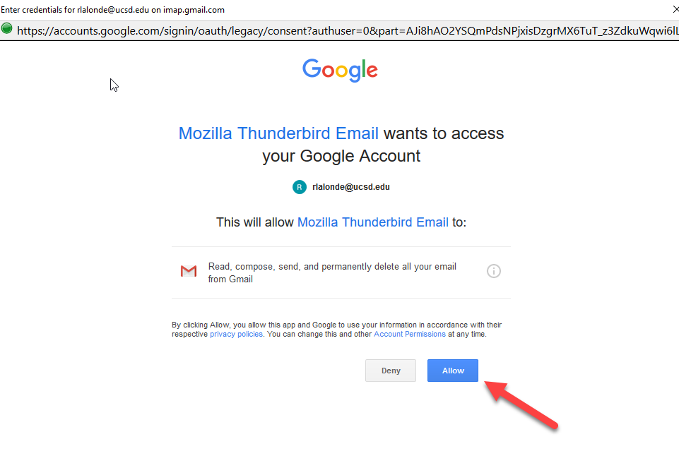 Screenshot of the Google Account access request screen. Press "Allow" in the bottom right to proceed. 