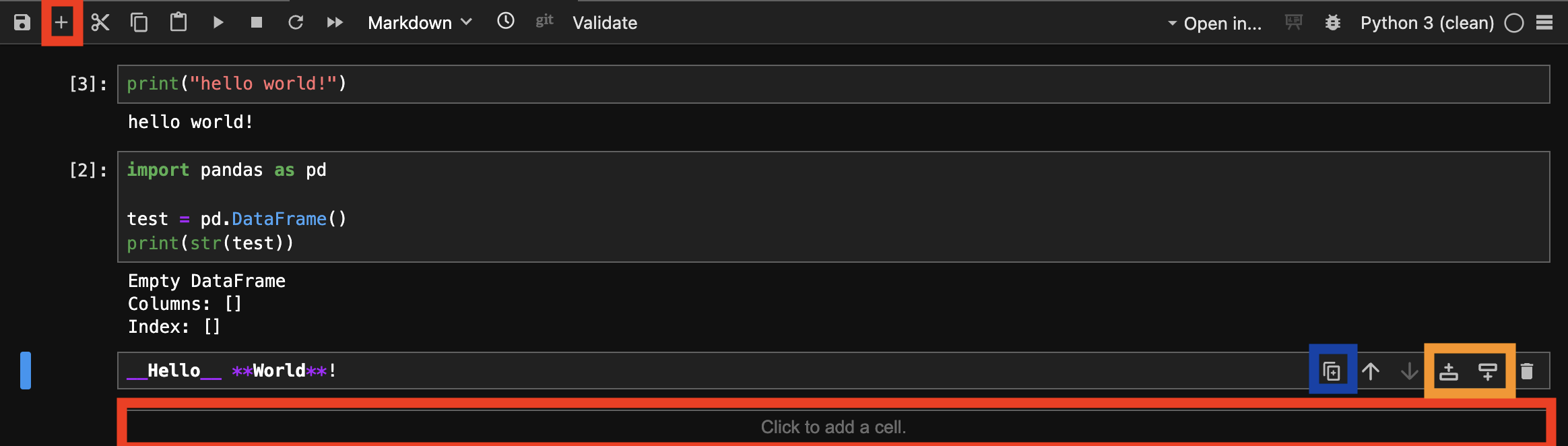 UI in the notebook for adding new cells. In the top left, a plus symbol is highlighted which adds a new cell. There is a textbox at the bottom of the page that also adds a new cell. Each cell also has a menu above it to either duplicate the cell or add a new cell above/below the selected cell.