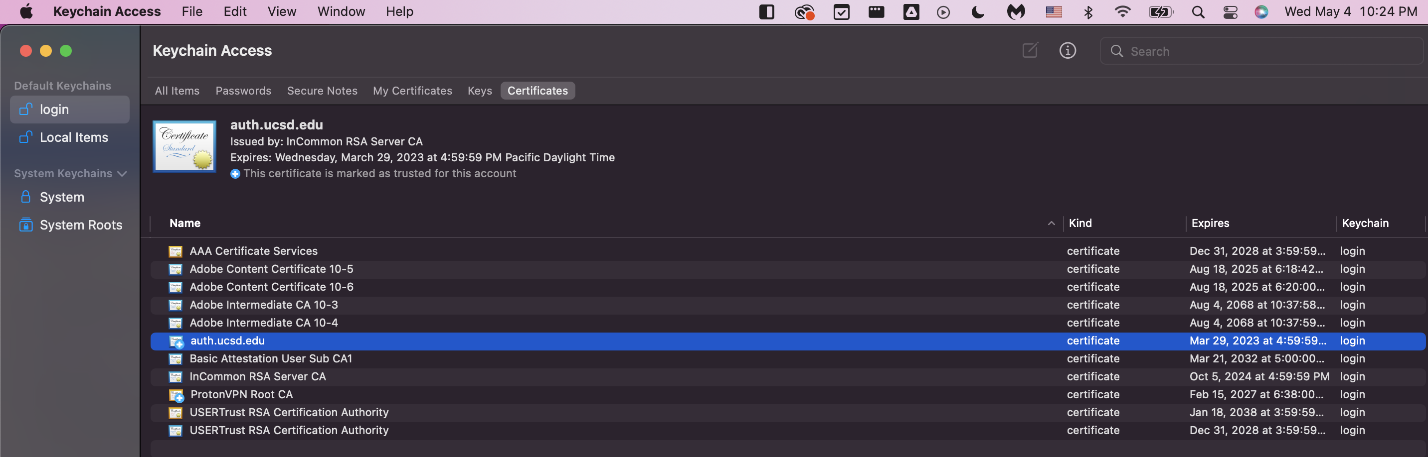 Screenshot of Keychain Access menu - auth.ucsd.edu is highlighted Screenshot of Keychain Access menu - auth.ucsd.edu is highlighted