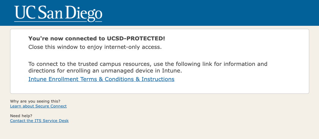 Screenshot of the window with a link called “InTune Enrollment Terms & Conditions & Instructions”