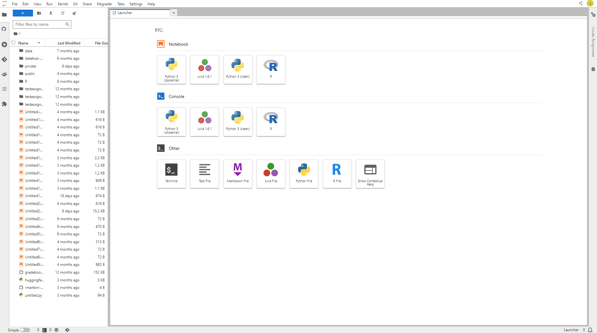 The landing page for JupyterLab. It has a file inspector on the left side and a pane on the center/right side where a user can choose their Notebook type.