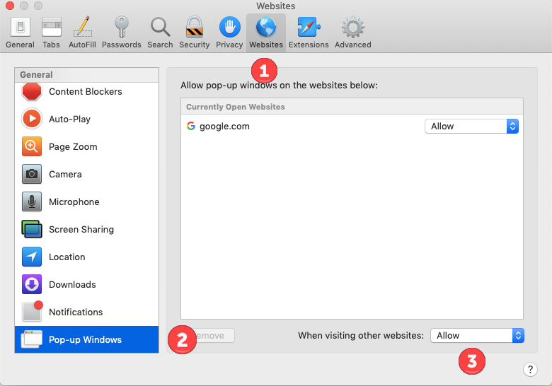 Screenshot of the "Websites" menu