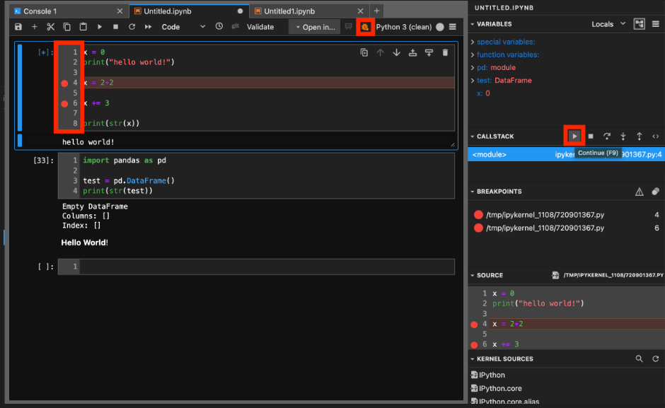 A notebook with the visual debugger enabled. The continue button (F9) is highlighted as well as the UI for setting breakpoints.