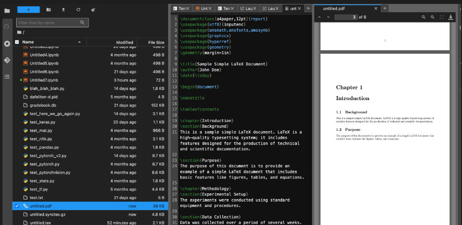 JupyterLab, but with a .tex file and a rendered LaTeX PDF beside it.