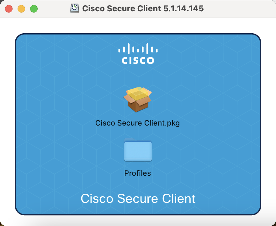 MacOS VPN installer Screenshot of MacOS Cisco Secure Client installer with the Cisco Secure Client.pkg and the Profiles folder