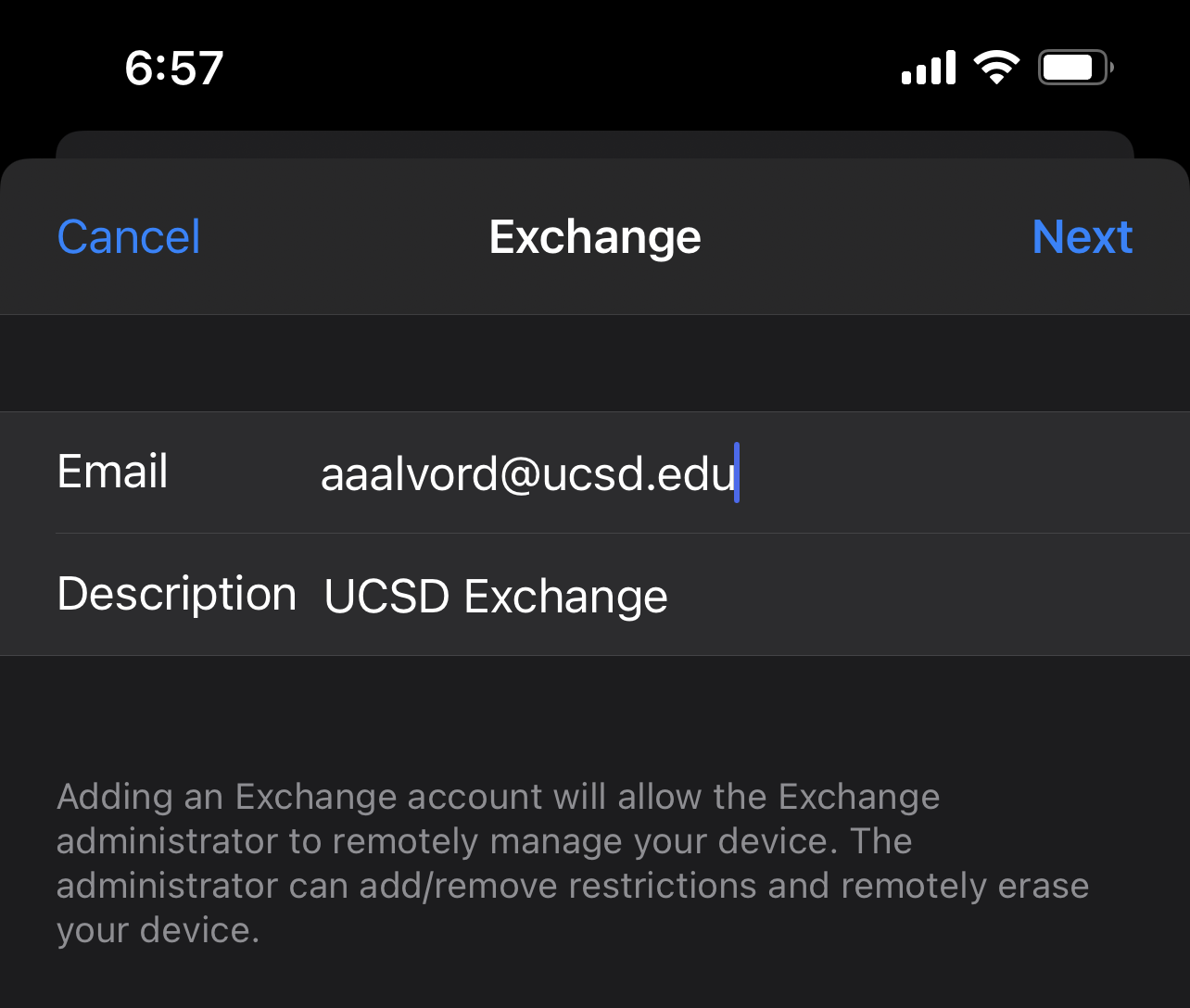 Exchange account page with email and description filled out