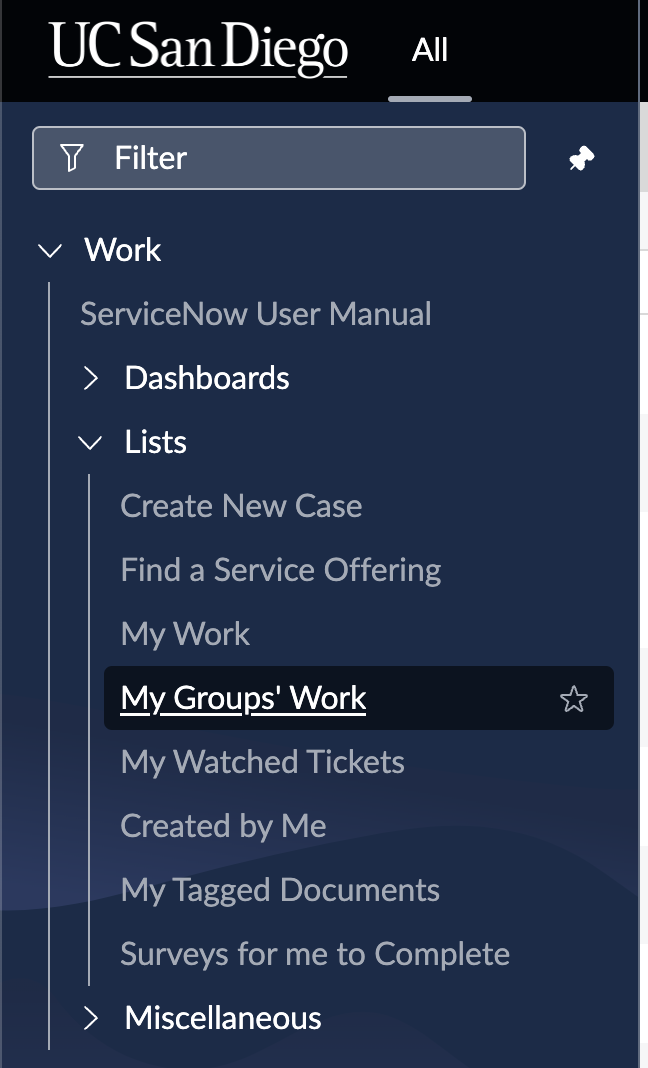 Screenshot of All Menu in ServiceNow Agent View