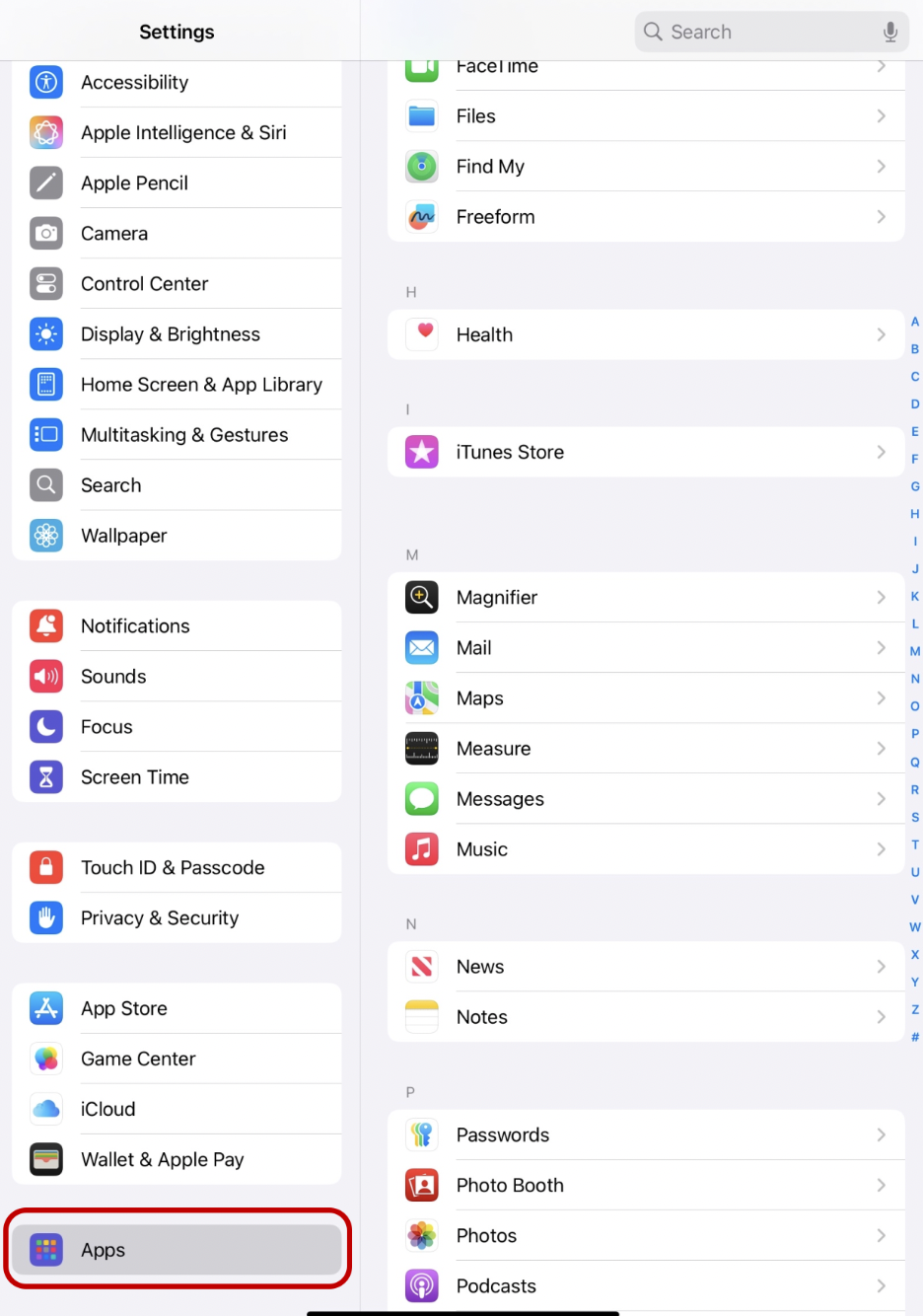 "Apps" setting highlighted on the settings page