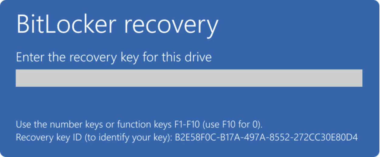 BitLocker recovery screen Screenshot of BitLocker recovery screen that appears when a device is locked due to BitLocker