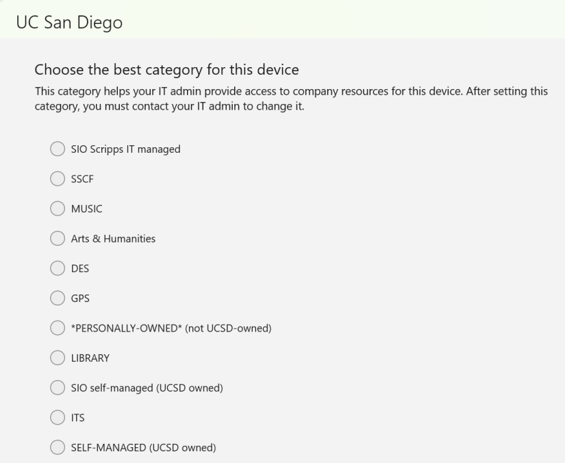 Screenshot of the list of categories to choose from in the Intune Company Portal