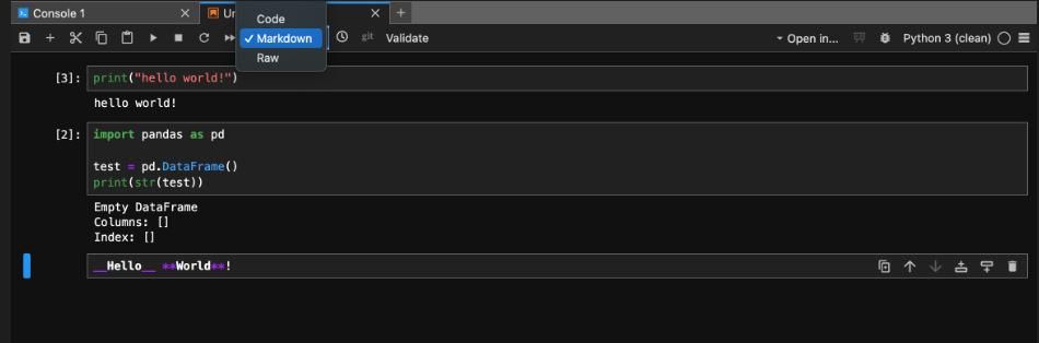 A menu setting for changing the cell types from "Cell, Markdown, or Raw".