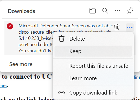 Screenshot of error message when downloading the VPN ISE posture module with the 3 dots clicked on and the button "Keep" highlighted