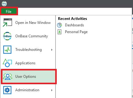 User Options setting under the left File menu