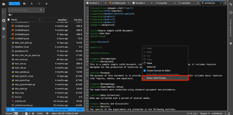 A LaTeX document open in JupyterLab, with the "Show Preview" option visible that will render the .tex file.