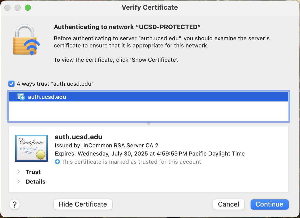 Screenshot of the certificate "auth.ucsd.edu" within the certificate pop-up