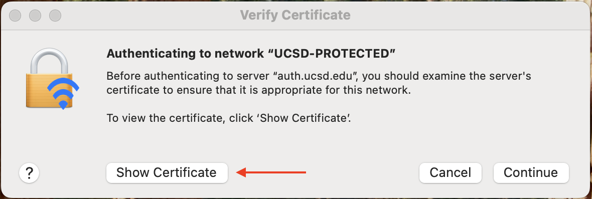 Screenshot of the certificate pop-up with a red arrow pointing to the button “Show Certificate”