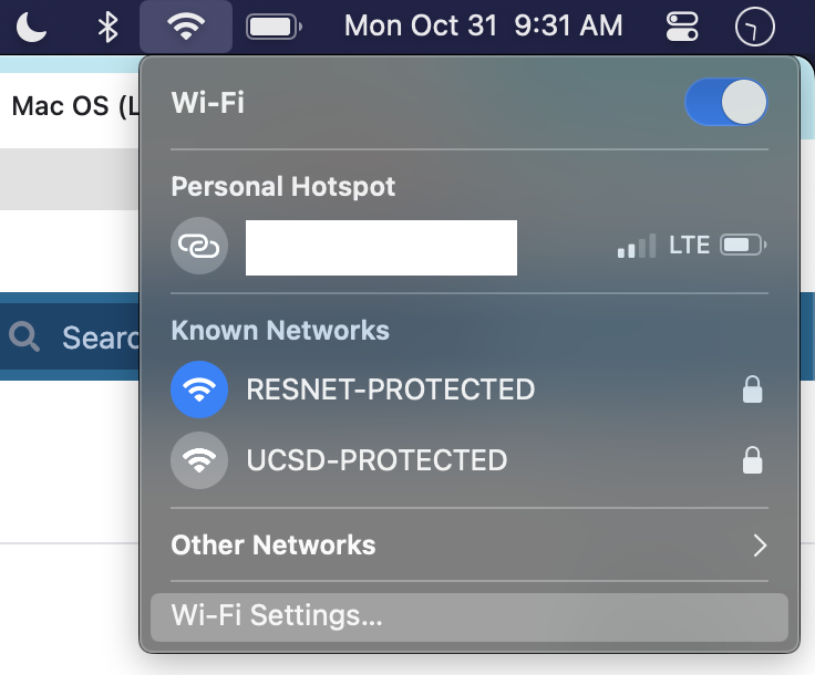 Screenshot of "Wi-Fi Settings..." highlighted on the Wifi menu Screenshot of "Wi-Fi Settings..." highlighted on the Wifi menu