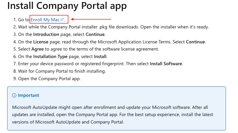 Screenshot of the section "Install Company Portal App" with the link "Enroll My Mac" annotated in red. 