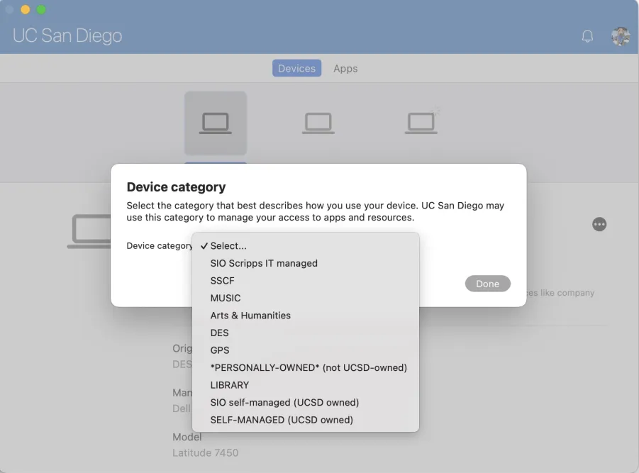 Screenshot of the list of categories to choose from in the Intune Company Portal