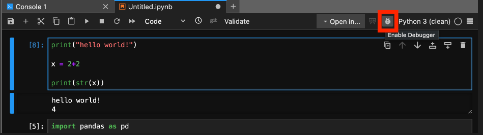 A notebook with the visual debugger option highlighted in the top right of the page.