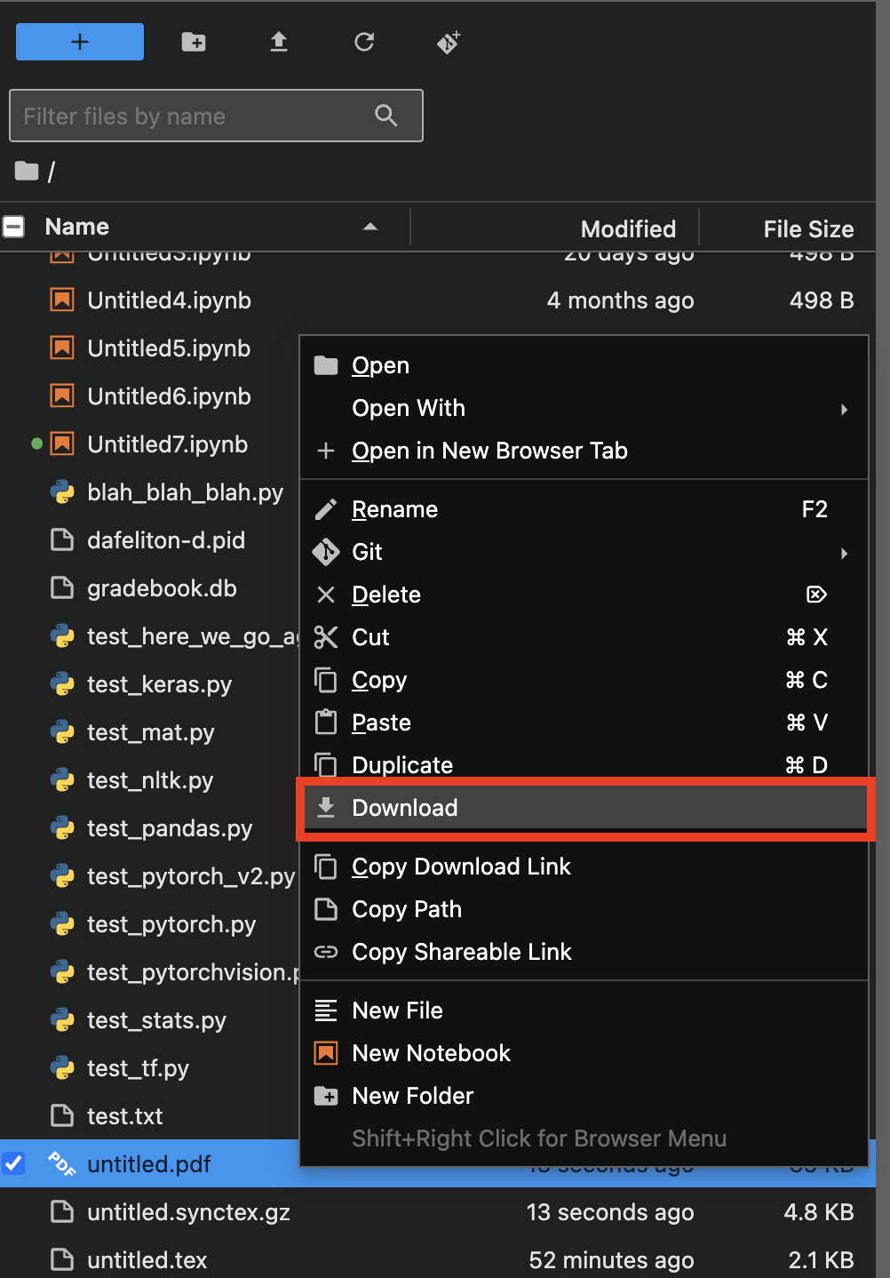 The JupyterLab file explorer, showing the ability to download a file to your browser by rightclicking the file and clicking "Download" on the popup.