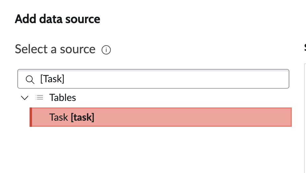 Screenshot of the search bar to find a data source
