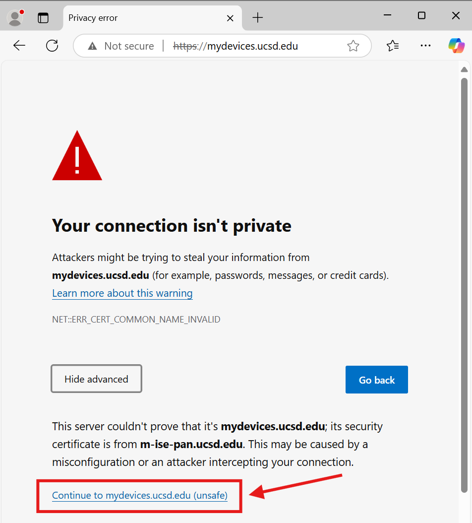 screenshot of the "Your connection isn't private" error page. "Continue to mydevices.ucsd.edu (unsafe)" is outlined with a red box.