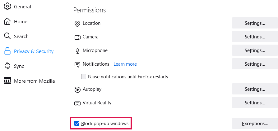 Screenshot of Block pop up window option