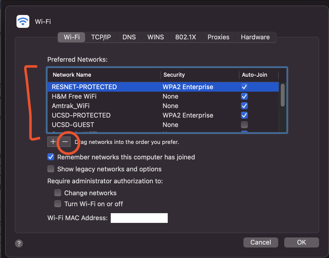 macoslessthan13.png List of wifi networks and the minus button to remove them on the wifi settings before MacOS 13