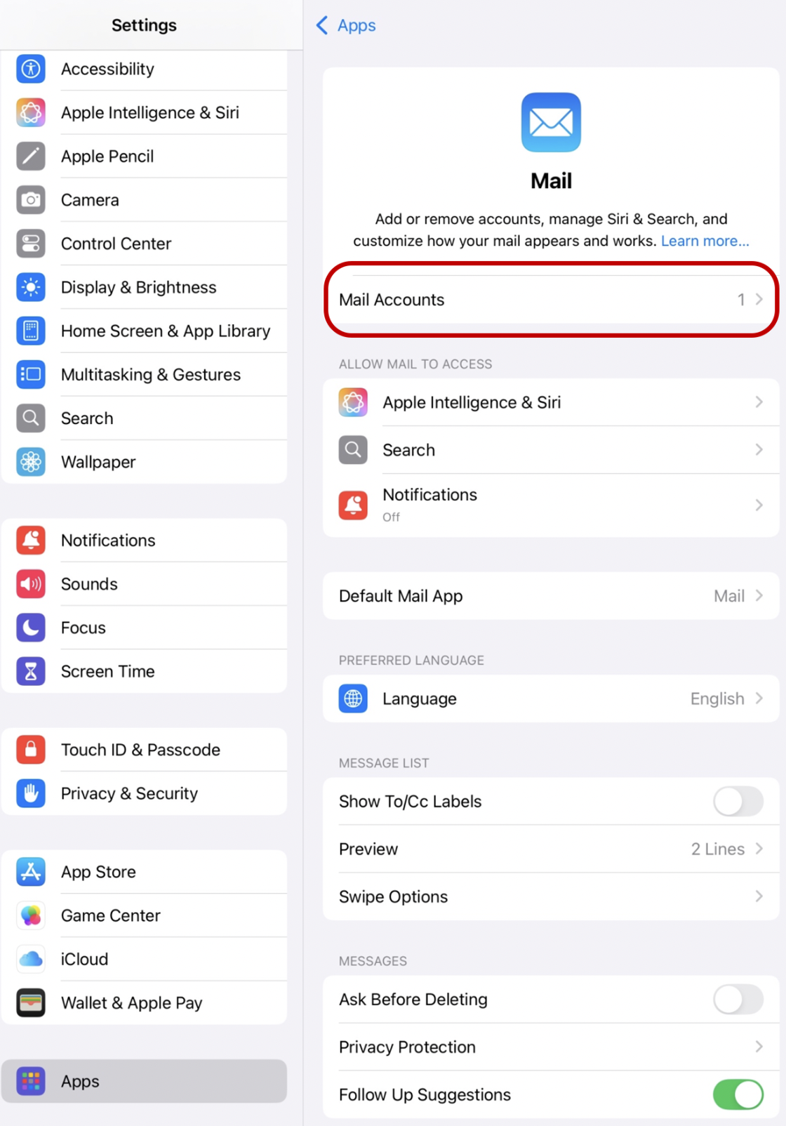 iOS Mail settings with 'Mail Accounts' highlighted