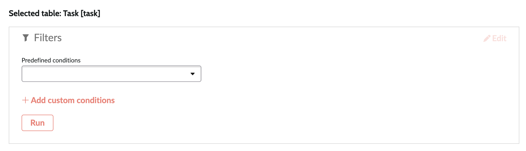 Screenshot of filter used in creating table
