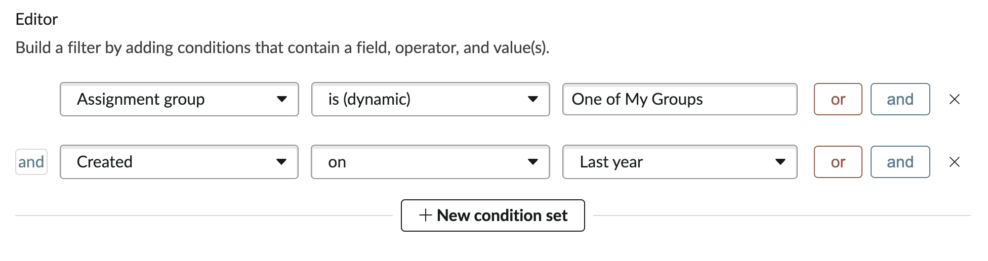 Screenshot of example filter fields