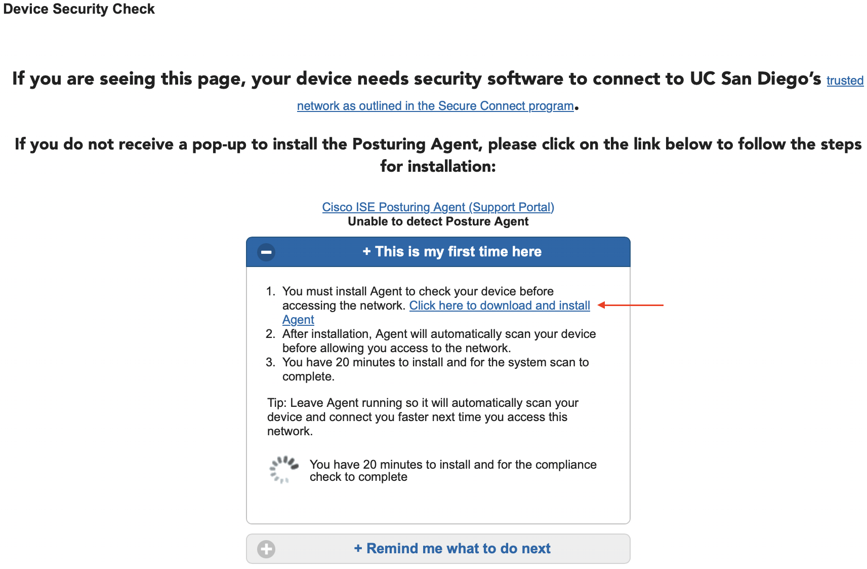 Screenshot of Secure Connect captive portal for VPN ISE posturing with a red arrow pointing to the installation link for the ISE posture module 