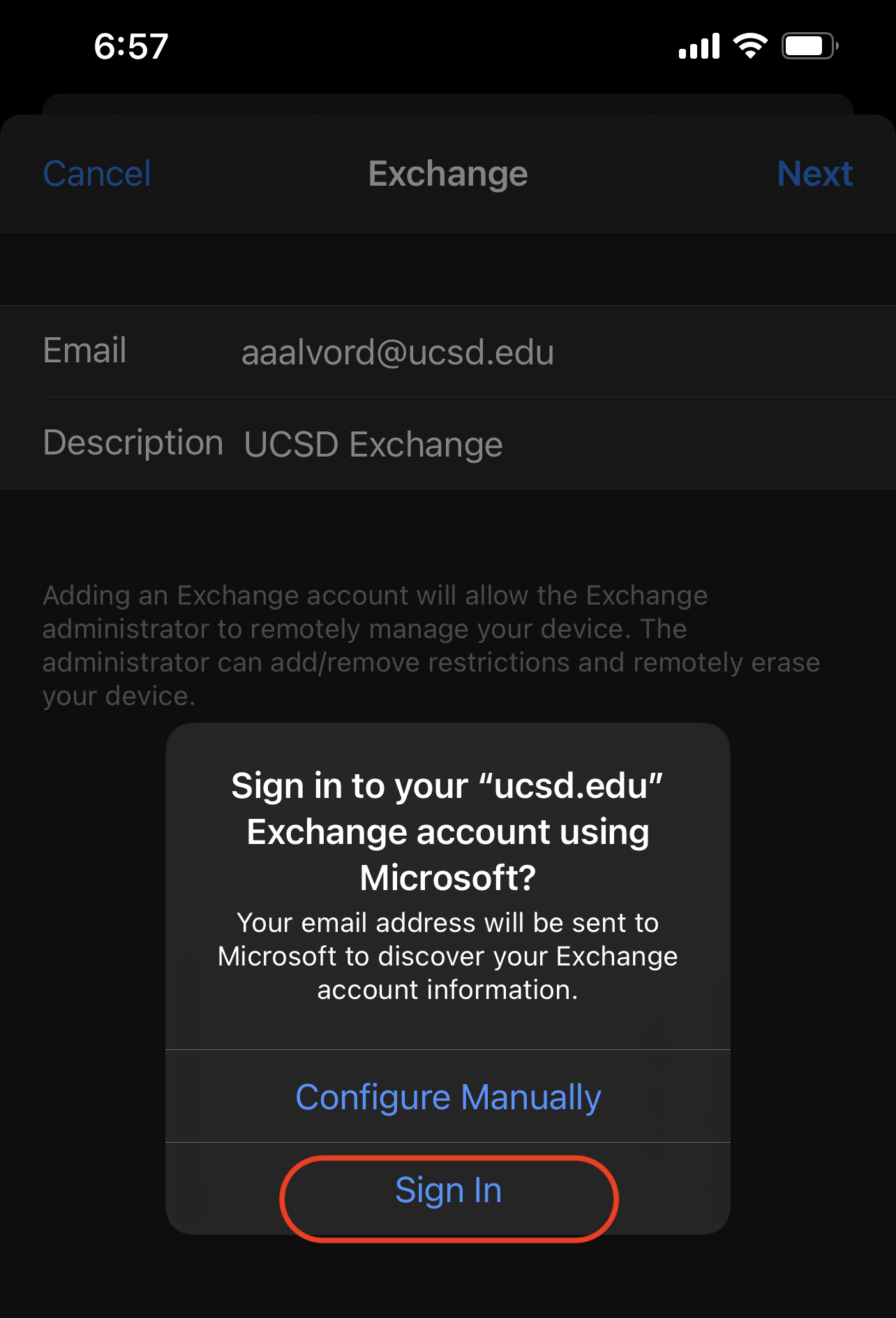 Pop up asking to confirm sign in for "ucsd.edu" Exchange account with the "Sign In" button highlighted