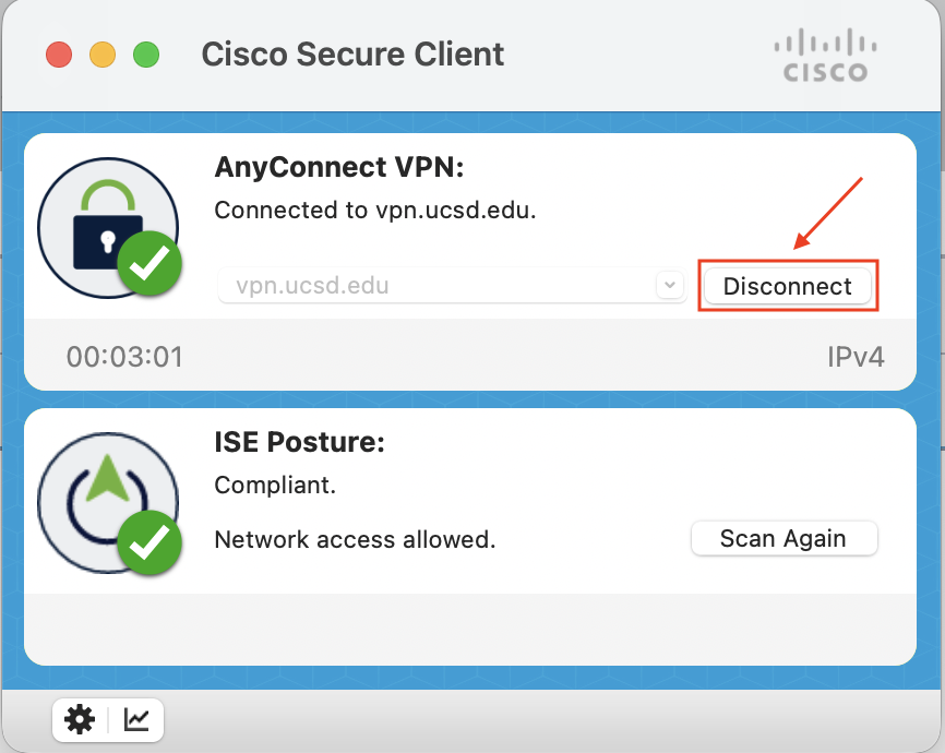 Screenshot of Cisco Secure Client with a red box around the disconnect button and a red arrow pointing to the red box