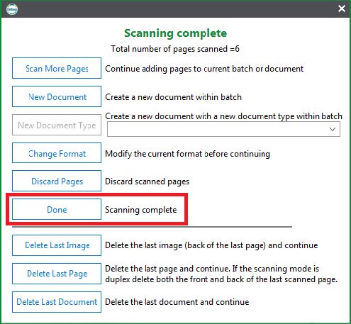 "Done" button marked in a list of buttons when Scanning Complete