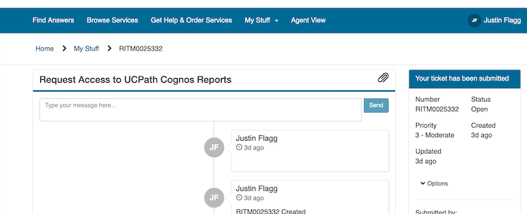 Screenshot: Checking Status of ticket from portal view