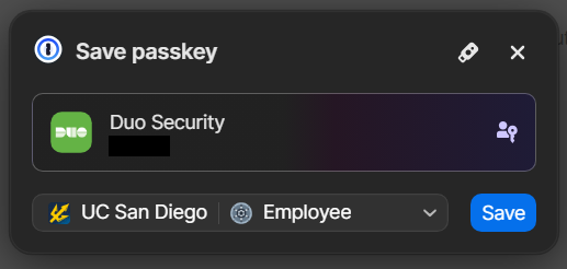 1Password prompt showing Duo being saved in the Chrome browser extension