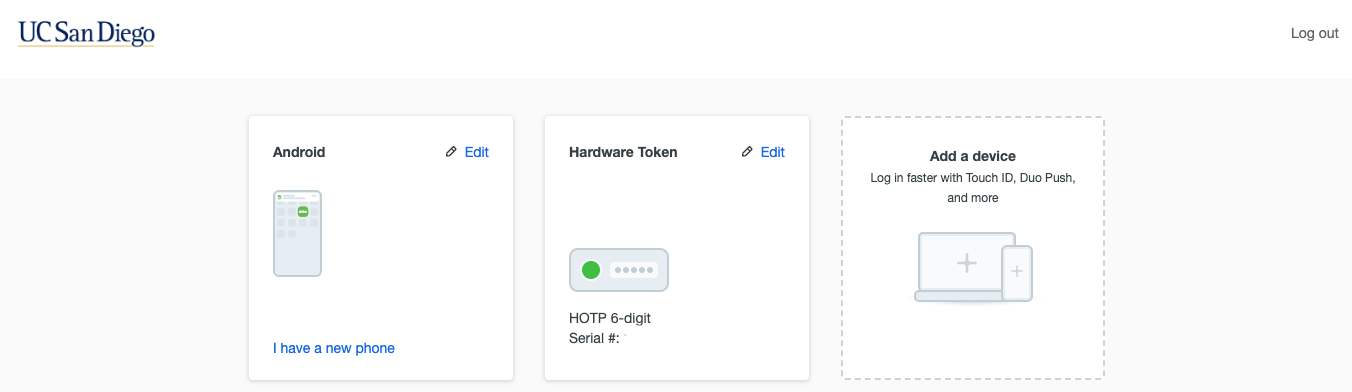 Screenshot of the Duo Device Management Portal showing Android and Hardware Token as the devices