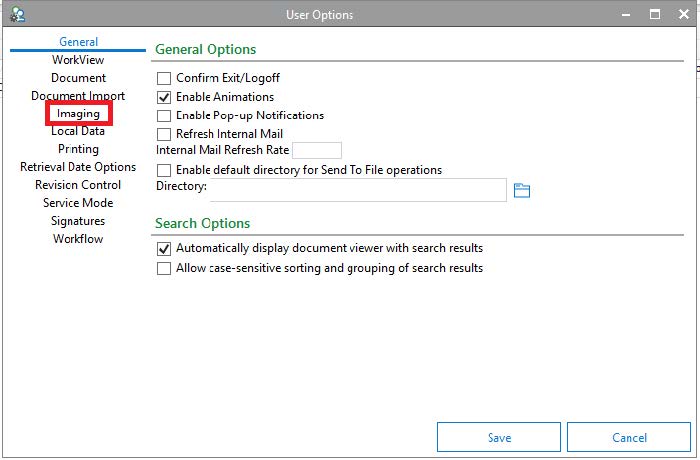 "Imaging" option under the General Options
