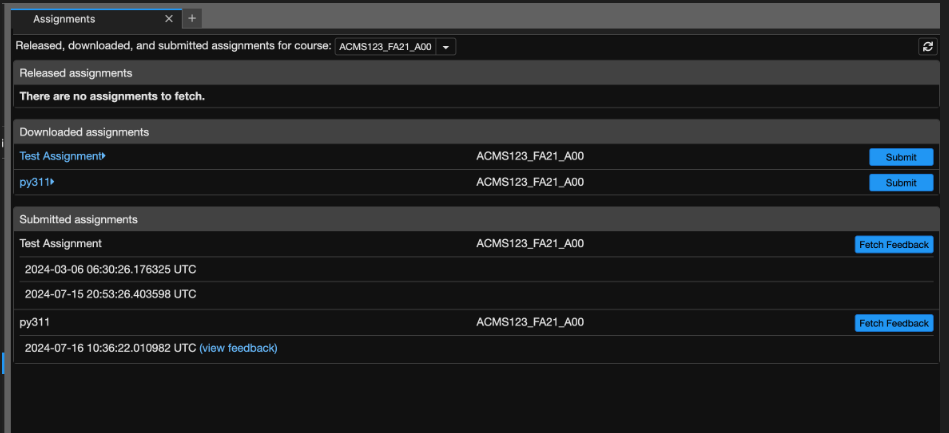 The page that shows up when NBGrader -> Assignments is clicked in the dropdown. It shows assignments as students would see them, with the ability to either download/submit the assignment or look at the instructor's feedback.