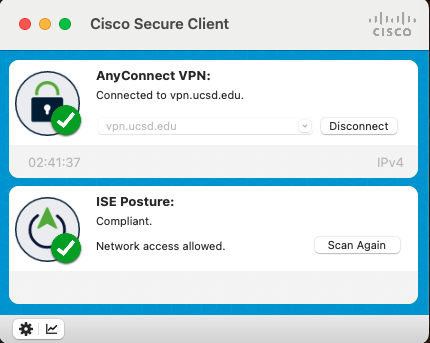 VPN ISE Posture Screenshot of the AnyConnect VPN Client connected to the VPN with the ISE Posture Module displaying as compliant below it