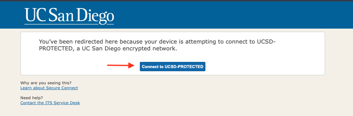 Screenshot of the Secure Connect landing page with a red arrow pointing to the button “Connect to UCSD-Protected”