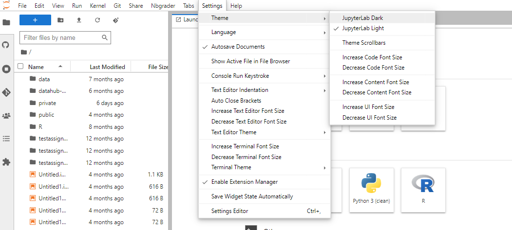 JupyterLab UI, but with the settings menu engaged so that the user can go from Settings to Theme to Dark Mode in order to enable dark mode.