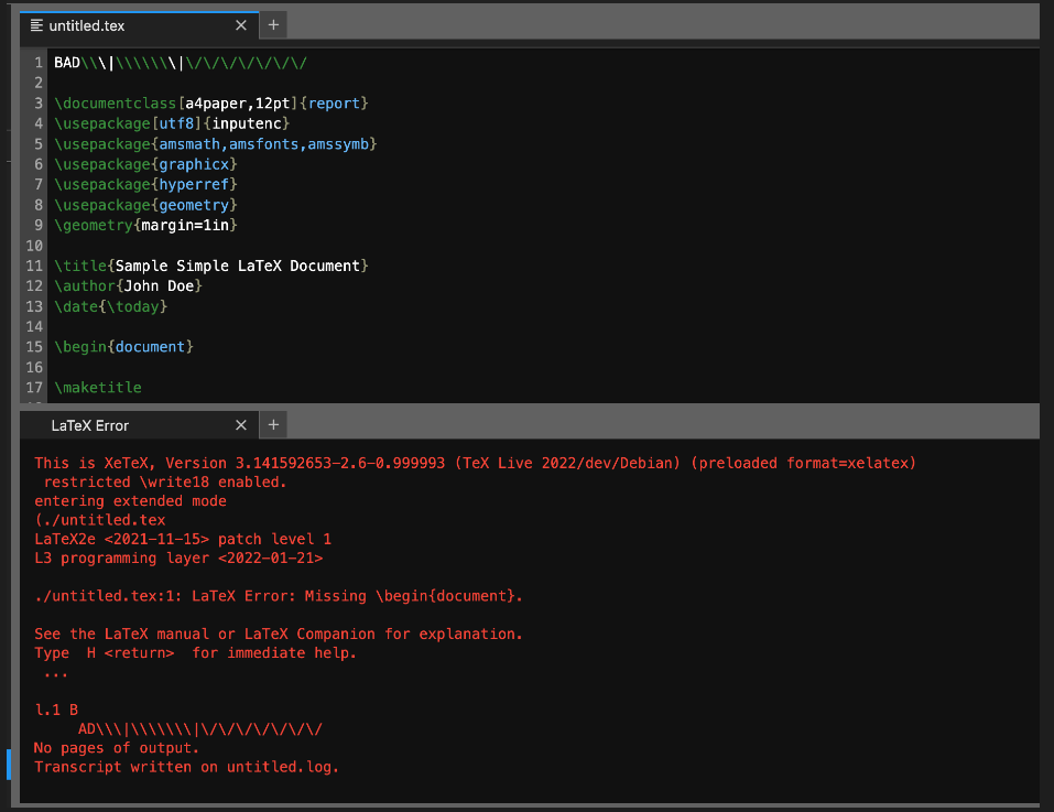 A .tex file with syntax errors. Below the file is a console displaying the inability to render the file due to the syntax errors.