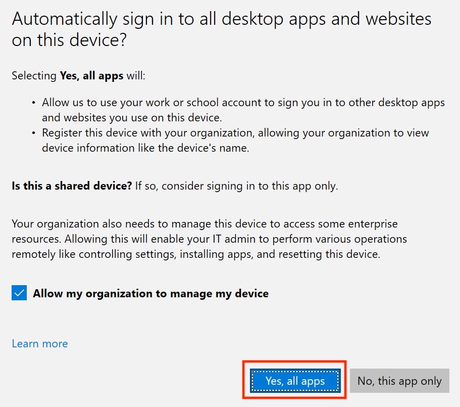 Screenshot of Company Portal app permissions window with the button "Yes to all apps" in a red box. 