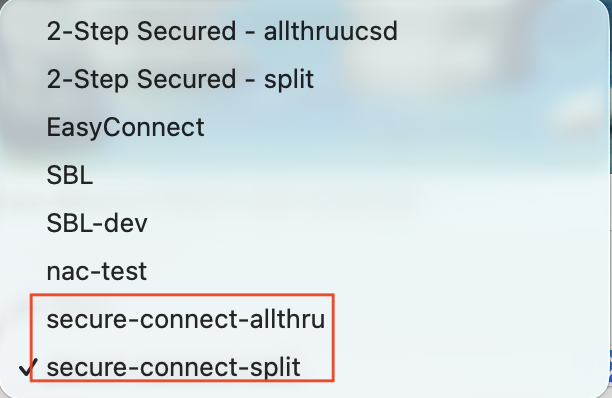 Screenshot of VPN Tunnel Groups Screenshot of the Cisco VPN Secure Client Tunnel groups with a red box around the secure-connect-allthu and secure-connect-split tunnel groups